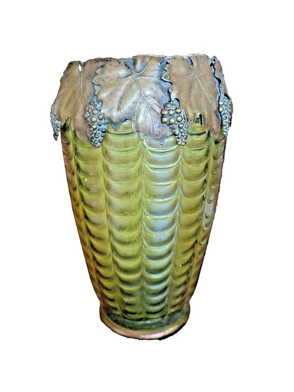 Loetz Kralik Art Nouveau Green Iridescent Glass Vase Gilded Grape Metal Top 11"